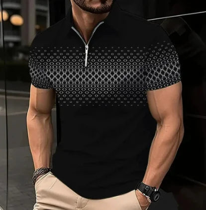 Mens Casual turn-down collar, slim fit, zip-up short sleeve, polo shirt