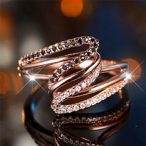 Womens Luxury White Black Zircon Stone Rose Gold Vintage Ring