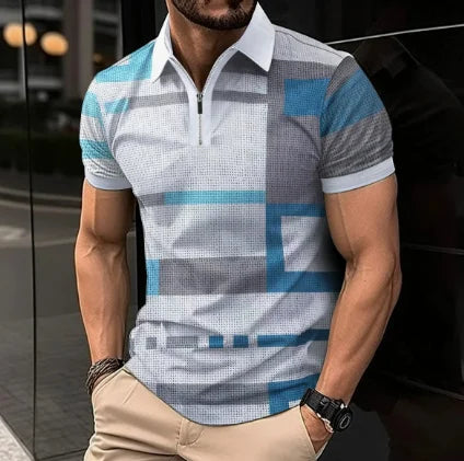 Mens Casual turn-down collar, slim fit, zip-up short sleeve, polo shirt