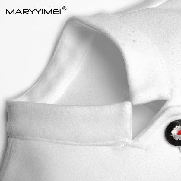 Womens Elegant Woolen Designer Coat Rabbit Fur Collar Embroidery
