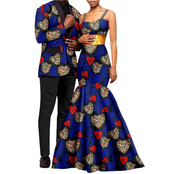 Blue with Red Hearts Couples Matching Dashikis,  Womens Long Dresses, Mens  Ankara Jackets