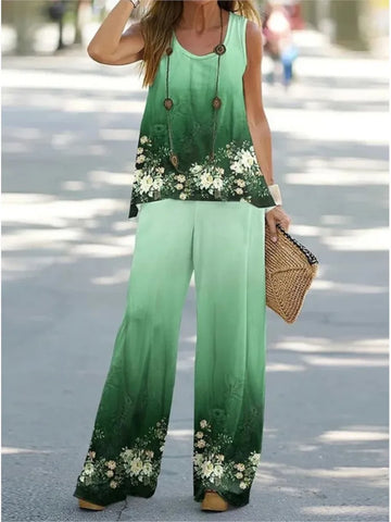 Womens 2pc Sleeveless Round Neck Top Wide Leg Pants Set