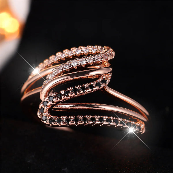 Womens Luxury White Black Zircon Stone Rose Gold Vintage Ring