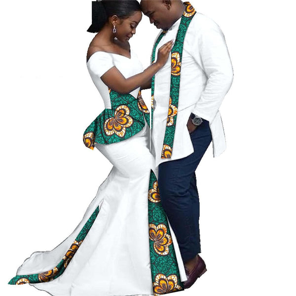 Couples African Clothing Long Mermaid Dresses Matching Mens Shirt w Print Scarf white teal & yellow
