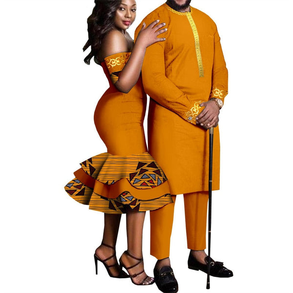 Couples African Dashikis Mermaid Dresses Mens Outfit Orange and gold
