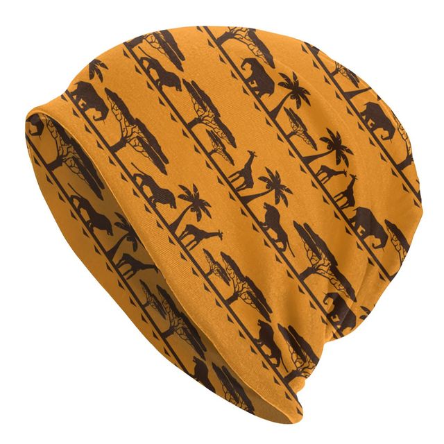Mens African Animal Pattern Knitted Beanies African Terrain w Animals