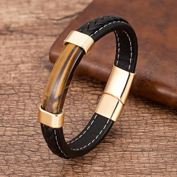Mens Natural Stone Bracelet  Genuine Leather Stainless Steel Magnet Clasp