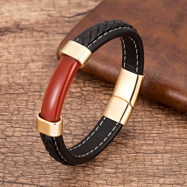 Mens Natural Stone Bracelet  Genuine Leather Stainless Steel Magnet Clasp
