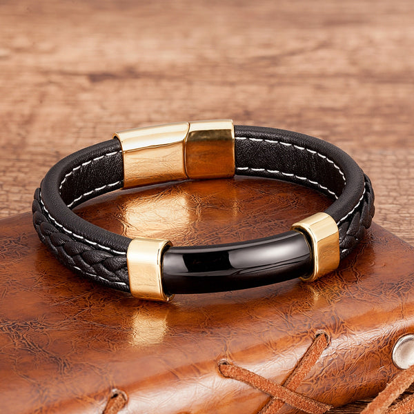 Mens Natural Stone Bracelet  Genuine Leather Stainless Steel Magnet Clasp