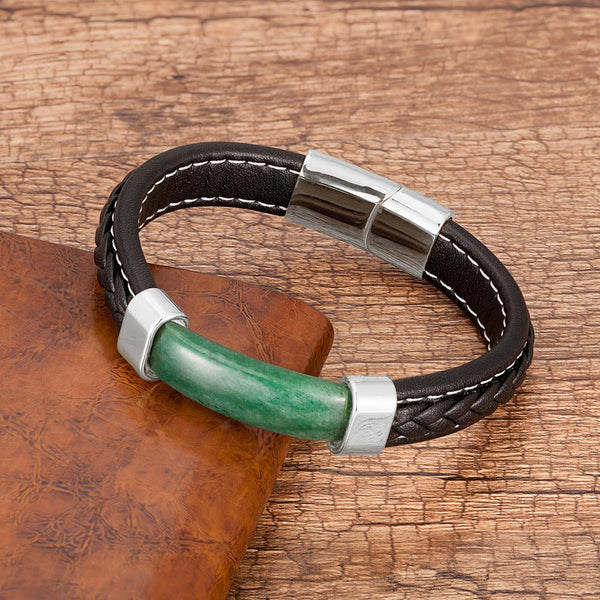 Mens Natural Stone Bracelet  Genuine Leather Stainless Steel Magnet Clasp