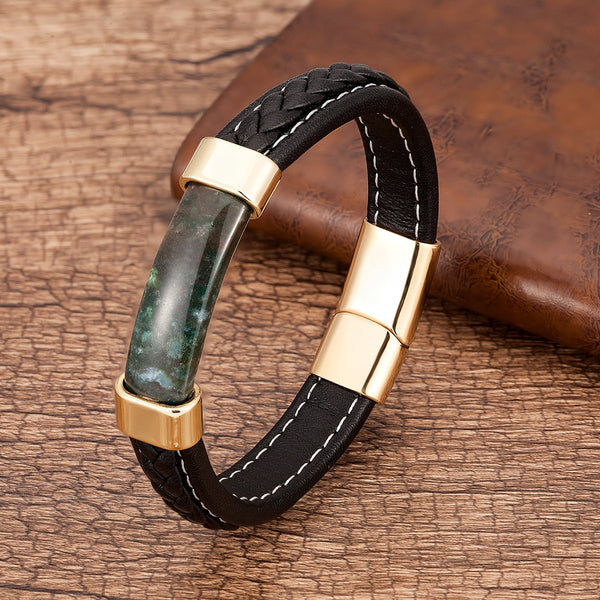 Mens Natural Stone Bracelet  Genuine Leather Stainless Steel Magnet Clasp