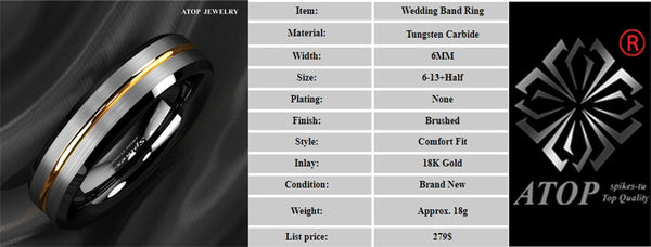 Mens Silver Brushed Black Edge Tungsten Rings Gold Stripe ATOP