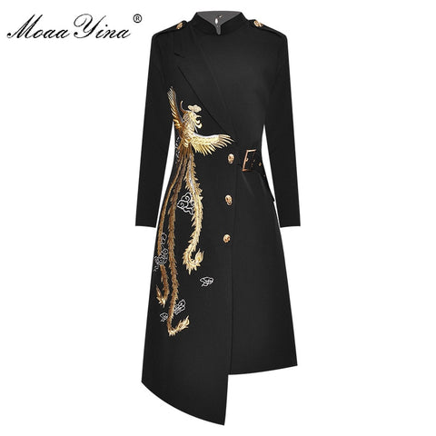 Womens Elegant Embroidered Standup Collar Asymmetrical Knee-length Dress