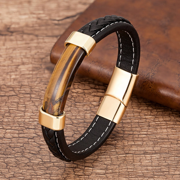 Mens Natural Stone Bracelet  Genuine Leather Stainless Steel Magnet Clasp