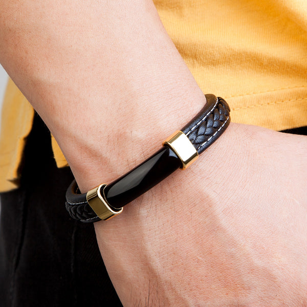 Mens Natural Stone Bracelet  Genuine Leather Stainless Steel Magnet Clasp