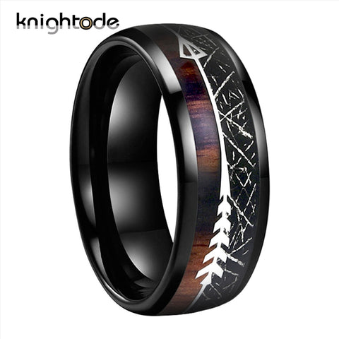 Mens Black Meteorite/Koa Wood Inlay Black Tungsten Ring