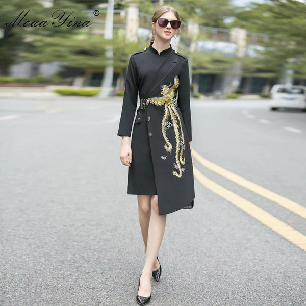 Womens Elegant Embroidered Standup Collar Asymmetrical Knee-length Dress