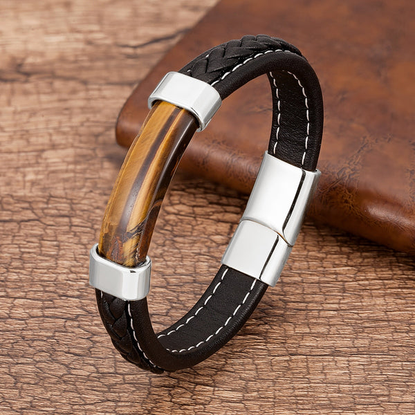Mens Natural Stone Bracelet  Genuine Leather Stainless Steel Magnet Clasp