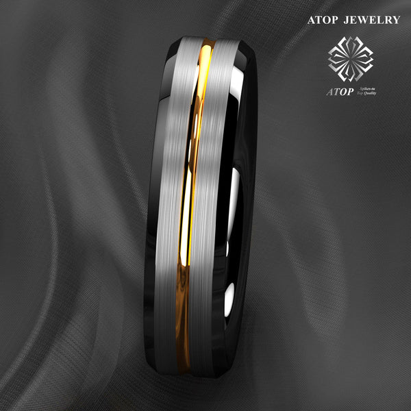 Mens Silver Brushed Black Edge Tungsten Rings Gold Stripe ATOP