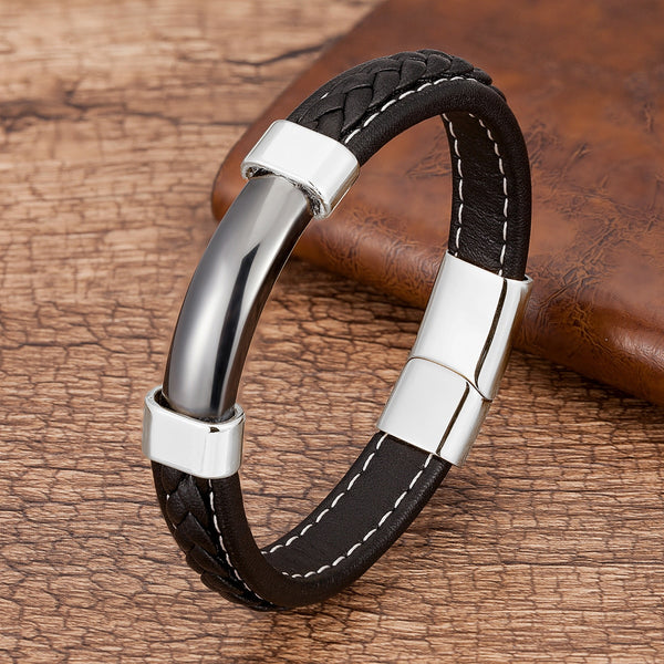 Mens Natural Stone Bracelet  Genuine Leather Stainless Steel Magnet Clasp
