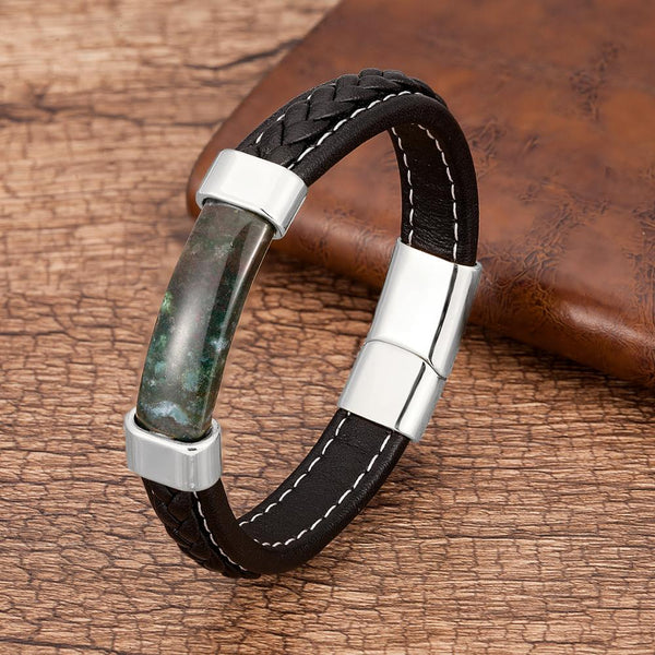 Mens Natural Stone Bracelet  Genuine Leather Stainless Steel Magnet Clasp
