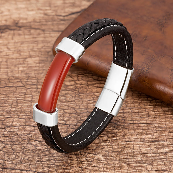 Mens Natural Stone Bracelet  Genuine Leather Stainless Steel Magnet Clasp