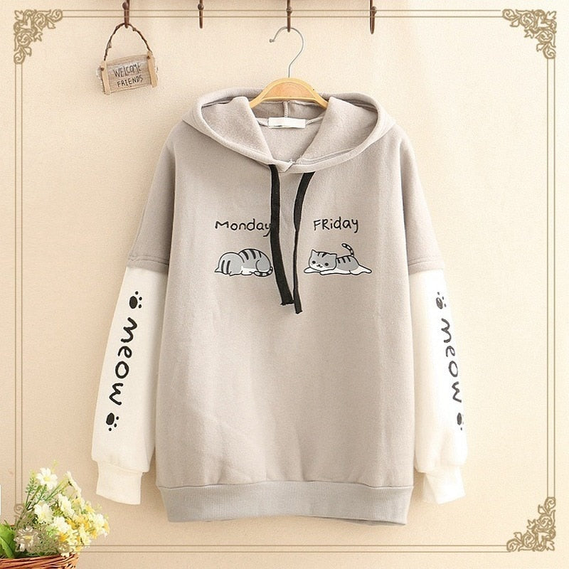 Womens Warm Fleece Cat Graphic Hoodie