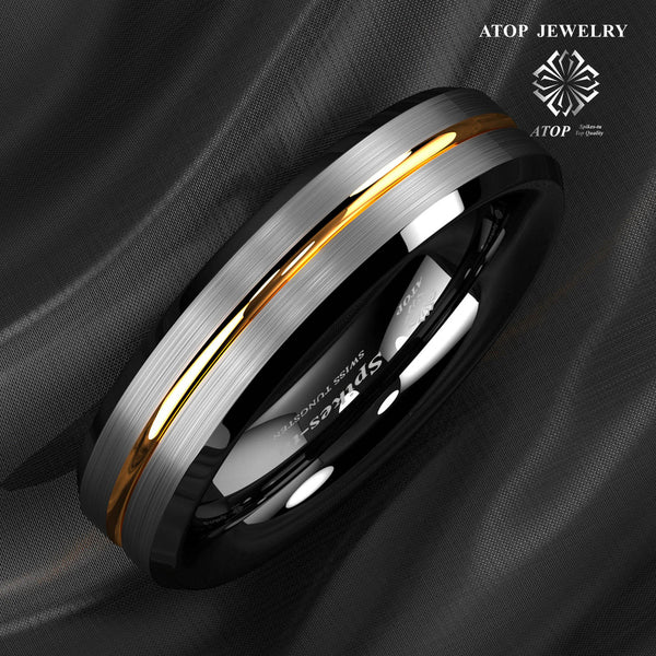 Mens Silver Brushed Black Edge Tungsten Rings Gold Stripe ATOP