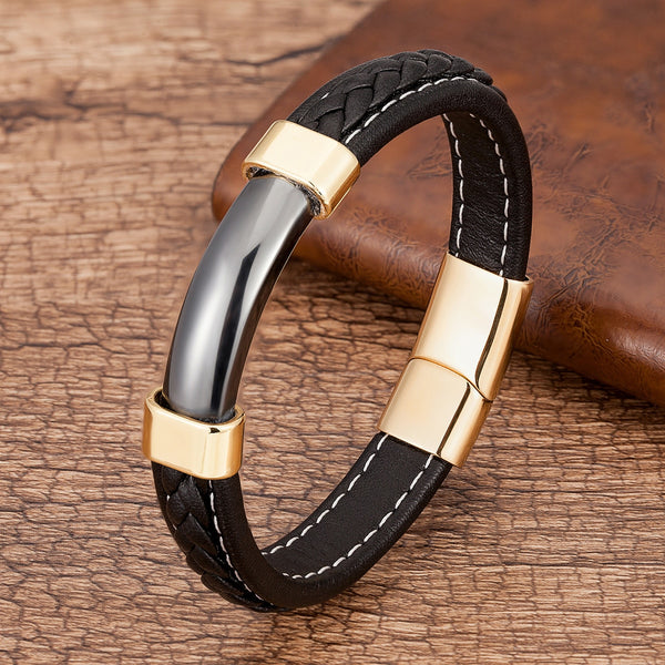 Mens Natural Stone Bracelet  Genuine Leather Stainless Steel Magnet Clasp