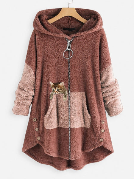 Womens Warm Fleece Zippered Cat Print Hoodies