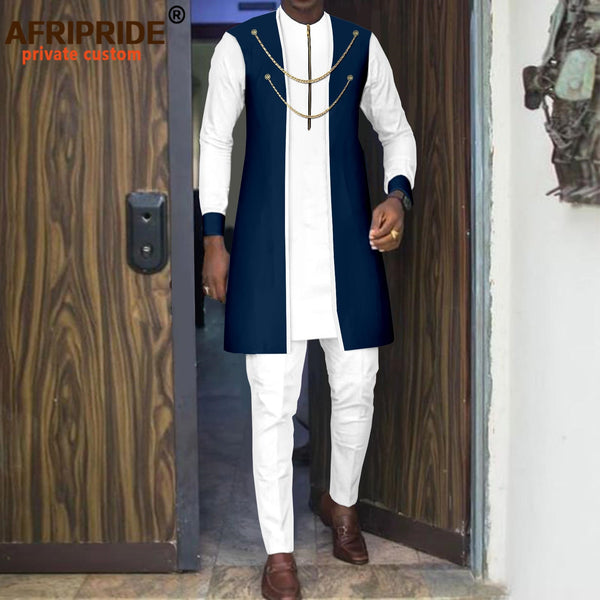 Mens 3 Piece Dashiki Set Bazin Riche Two Chain Zip Jacket Shirts Trousers
