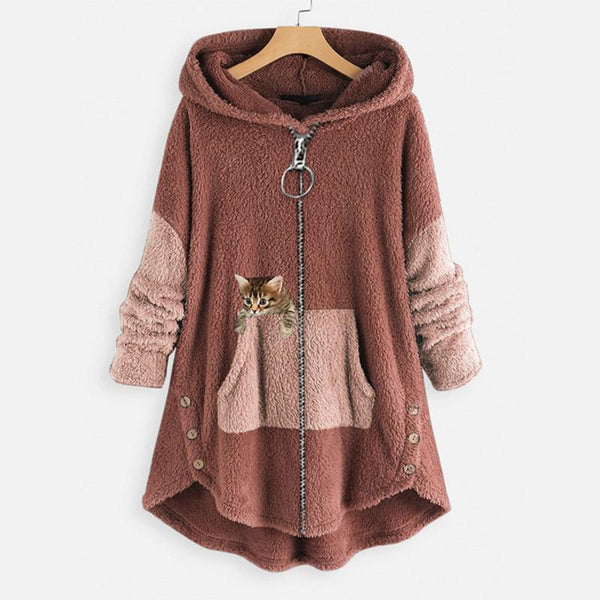Womens Warm Fleece Zippered Cat Print Hoodies