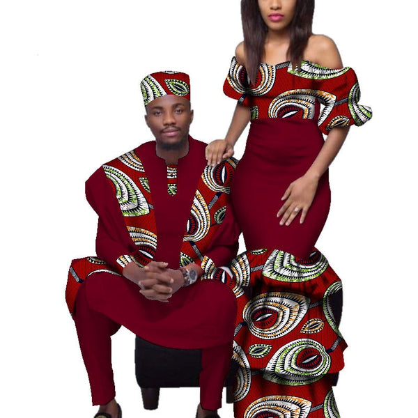 African Couples Clothing Women Bazin Riche Long Dresses Men Print Gown Top and Pants in Burgundy