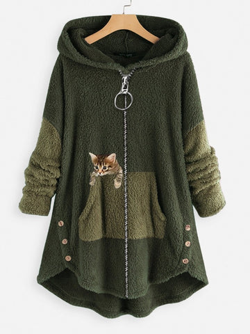 Womens Warm Fleece Zippered Cat Print Hoodies
