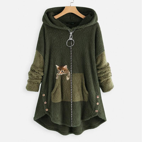 Womens Warm Fleece Zippered Cat Print Hoodies