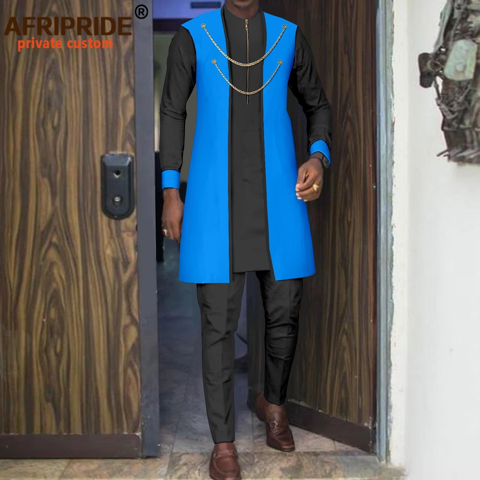 Mens 3 Piece Dashiki Set Bazin Riche Two Chain Zip Jacket Shirts Trousers