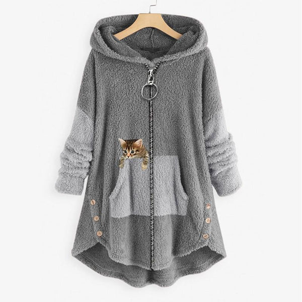 Womens Warm Fleece Zippered Cat Print Hoodies