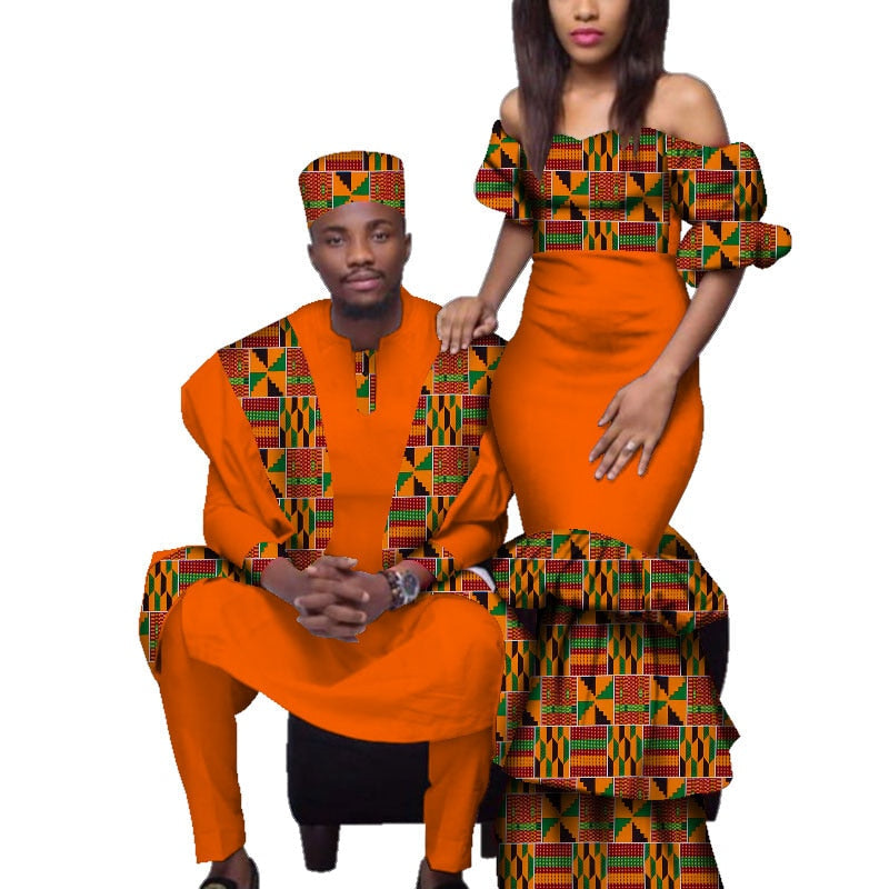 African Couples Clothing Women Bazin Riche Long Dresses Men Print Gown Top and Pants in Orange