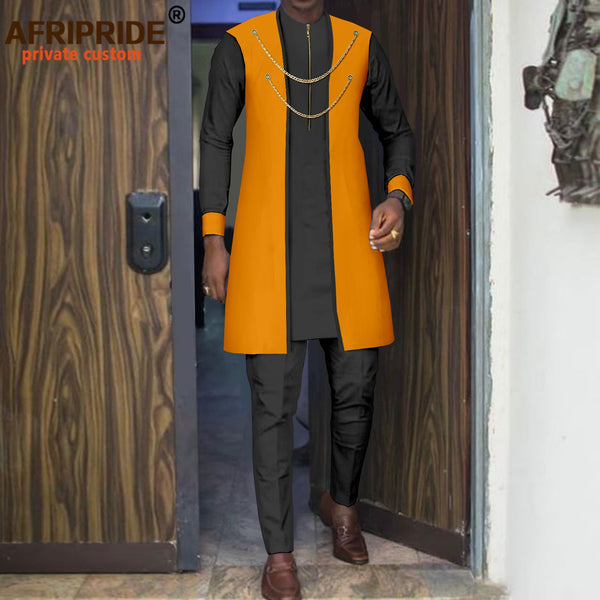 Mens 3 Piece Dashiki Set Bazin Riche Two Chain Zip Jacket Shirts Trousers