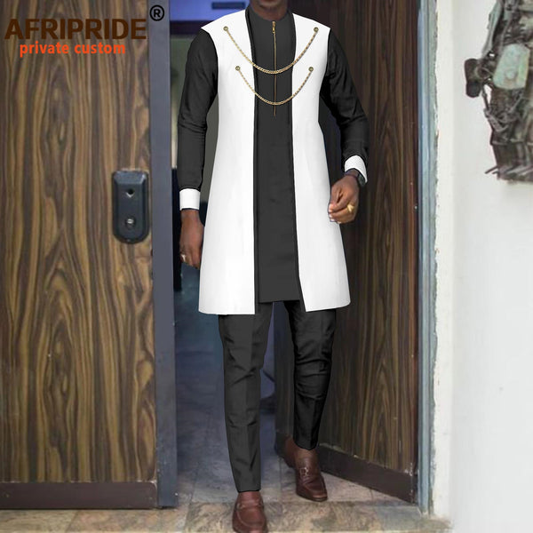 Mens 3 Piece Dashiki Set Bazin Riche Two Chain Zip Jacket Shirts Trousers