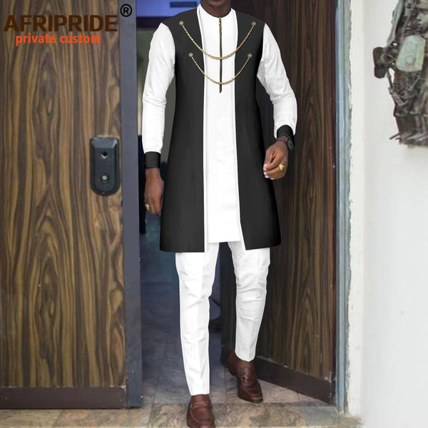 Mens 3 Piece Dashiki Set Bazin Riche Two Chain Zip Jacket Shirts Trousers