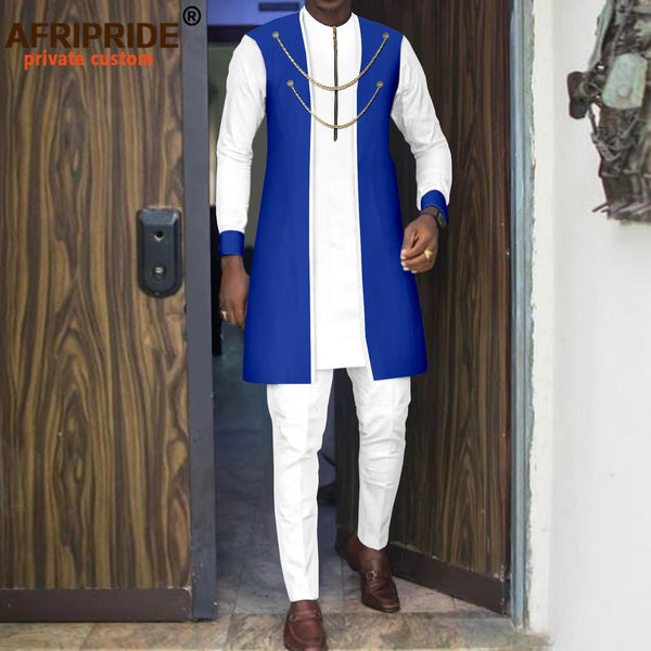 Mens 3 Piece Dashiki Set Bazin Riche Two Chain Zip Jacket Shirts Trousers Royal Blue and White w Gold chains draped across chest