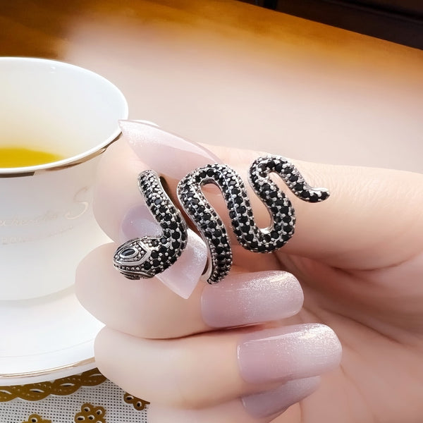 Womens Open-end Black Snake Pave Ring 925 Sterling Silver