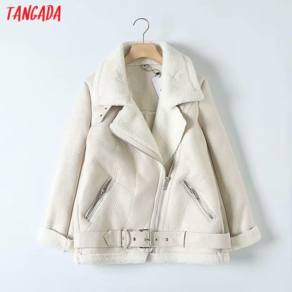 Womens Fur/Faux Leather Jacket - Belt turn down collar Winter Thick Oversized