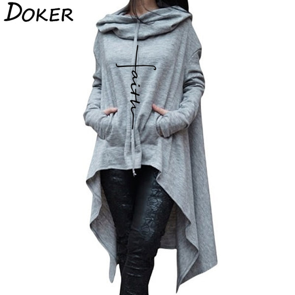 Womens Warm Long Sleeve Pullover Cape - Faith Embroidered, Irregular Hem