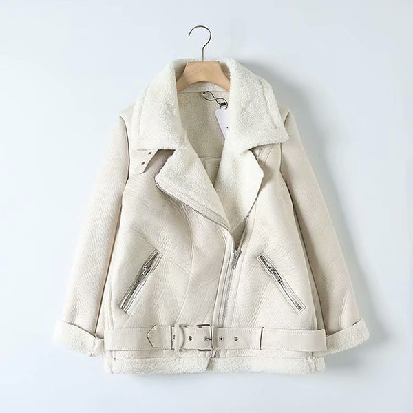 Womens Fur/Faux Leather Jacket - Belt turn down collar Winter Thick Oversized