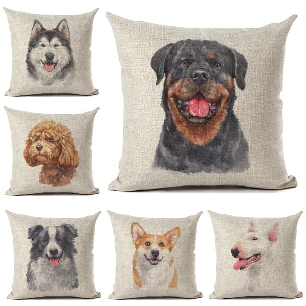 Various Dog Breeds Printed On Linen Cushion Cover