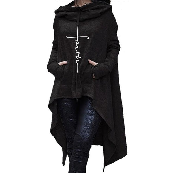 Womens Warm Long Sleeve Pullover Cape - Faith Embroidered, Irregular Hem, Pocket  Plus Sizes
