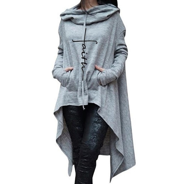 Womens Warm Long Sleeve Pullover Cape - Faith Embroidered, Irregular Hem, Pocket  Plus Sizes