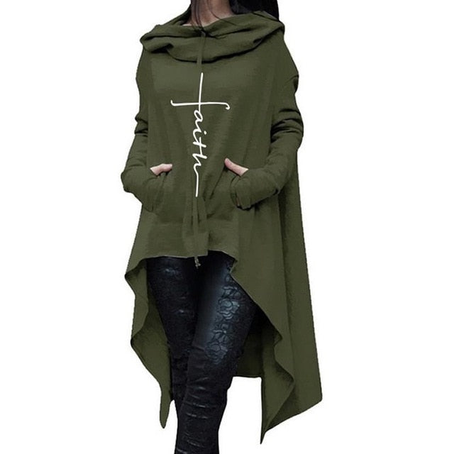 Womens Warm Long Sleeve Pullover Cape - Faith Embroidered, Irregular Hem, Pocket  Plus Sizes